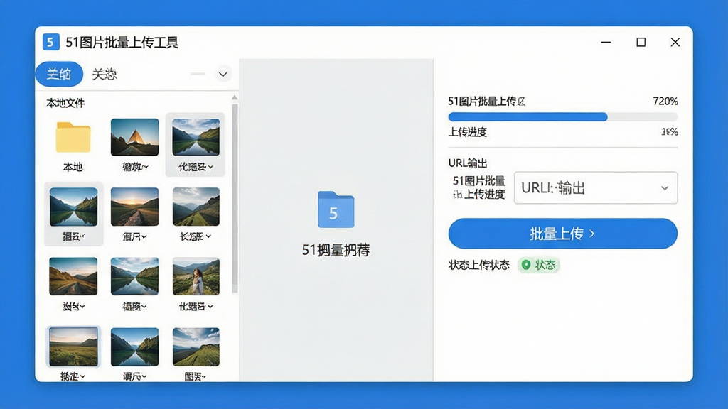 一幅现代简约风格的电脑软件界面预览图,主体为“51图片批量上传工具”主窗口,左侧是本地文件夹图片列表缩略图,右侧是上传进度条与URL输出栏,整体布局清爽,蓝白配色,扁平化设计,细节包括文件拖拽区、批量上传按钮和状态提示,画质清晰干净,无多余元素,文字标识“51图片批量上传工具”