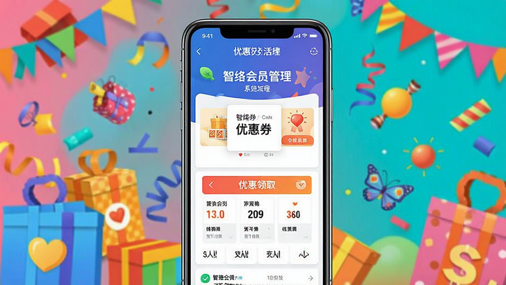 一张展示手机端营销活动页面的效果图,主体为智能手机屏幕中显示智络会员管理系统的优惠券领取界面,背景为彩色促销元素,布局居中,排版活泼,风格明快,色彩鲜艳,细节丰富,画质清晰,干净无多余元素