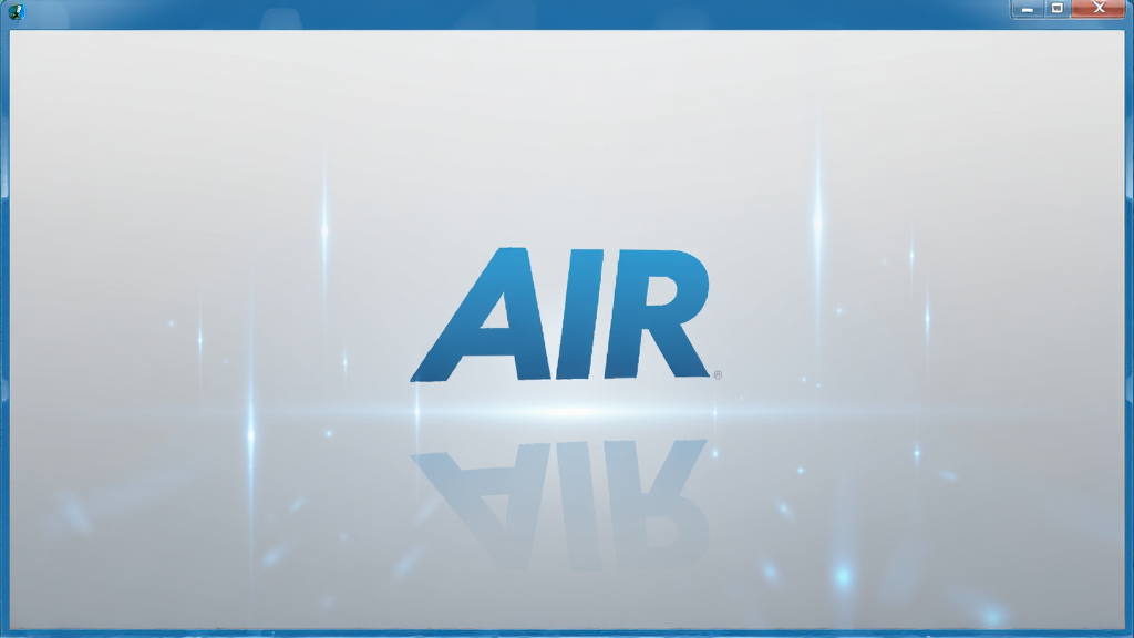Adobe AIR软件界面预览图,主体为简洁的蓝色启动画面,中央有AIR标志,背景为淡灰色渐变,布局居中,排版干净,风格现代科技感,细节包括光线反射效果,画质高清,干净无多余元素