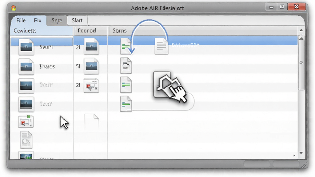 Adobe AIR本地文件操作界面示意,主体为应用窗口内显示文件列表和拖拽图标,布局为左右分栏,排版简洁,风格写实,细节包括鼠标指针和文件缩略图,画质高清,干净无多余元素