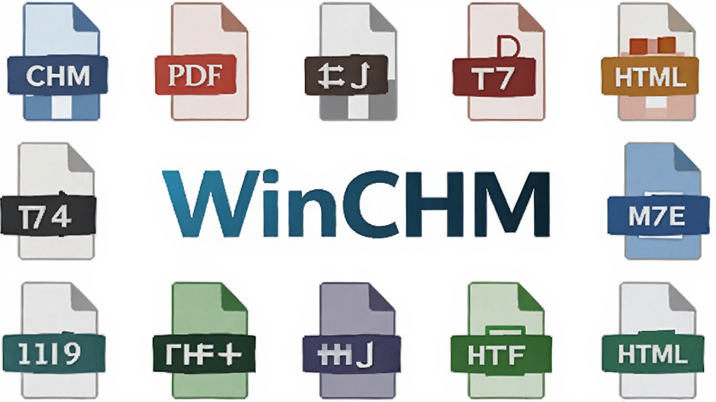 一张展示WinCHM多格式输出功能的图片,主体为各种文件格式图标(CHM、PDF、HTML)围绕在WinCHM标志周围,背景简洁,布局均衡,风格商务,细节清晰,画质高清,无多余元素