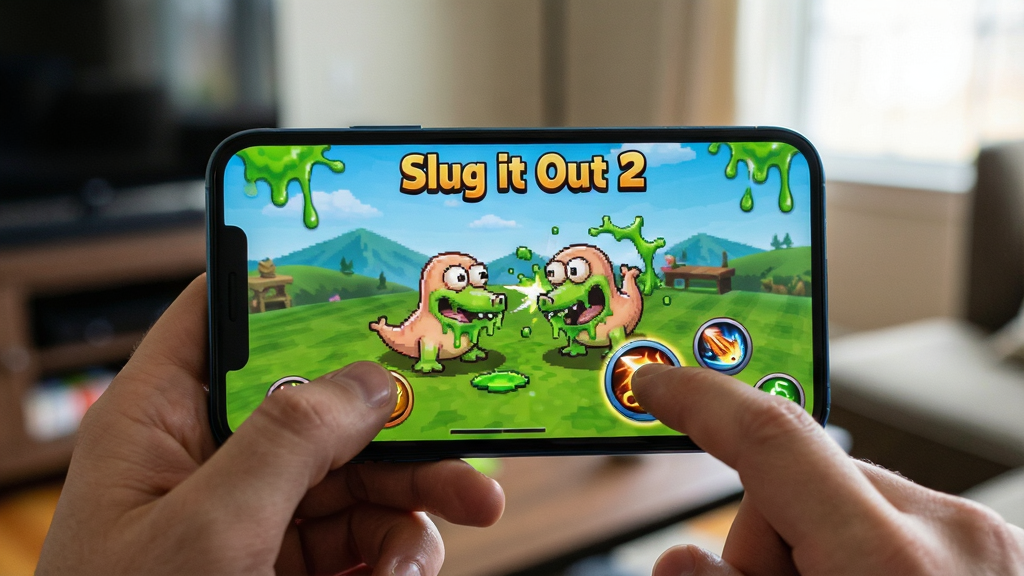 主体:玩家手持手机游玩《Slug it Out 2》,屏幕上显示战斗画面。布局:手机占据画面中央,背景为模糊的室内环境。排版:手机屏幕清晰可见游戏画面,手指点击技能按钮。风格:写实摄影风格,光线自然。细节:屏幕上有黏液特效,手指动作清晰。画质:高清,干净,无多余元素。文字:“Slug it Out 2” 出现在屏幕上方。