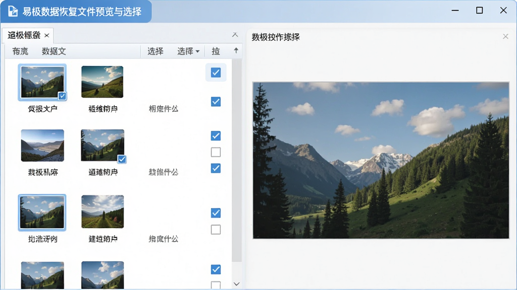 易极数据恢复文件预览与选择界面,主体为文件列表与预览窗口,布局左右分栏,排版清晰,风格清爽,细节包含图片缩略图和勾选框,画质高清,无多余元素