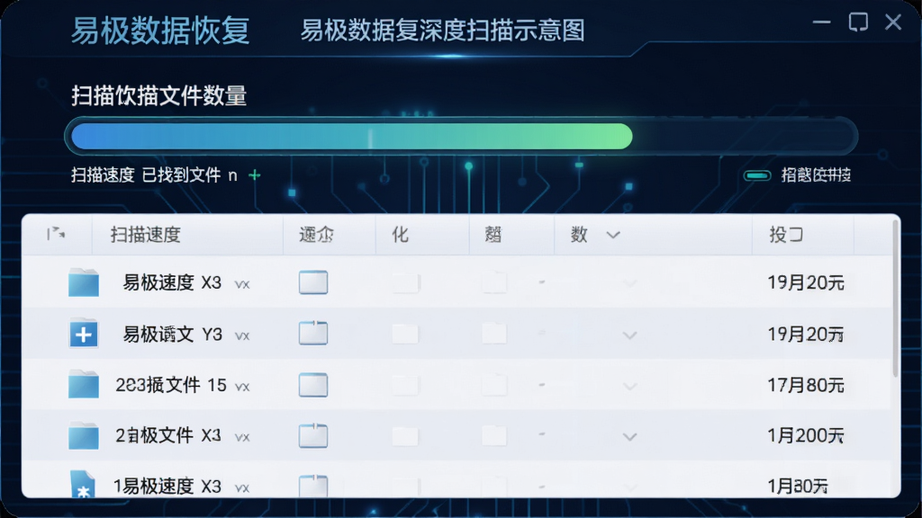 易极数据恢复深度扫描过程示意图,主体为扫描进度条与文件列表,布局居中,排版简洁,科技感风格,细节显示扫描速度和已找到文件数量,画质干净,无多余元素