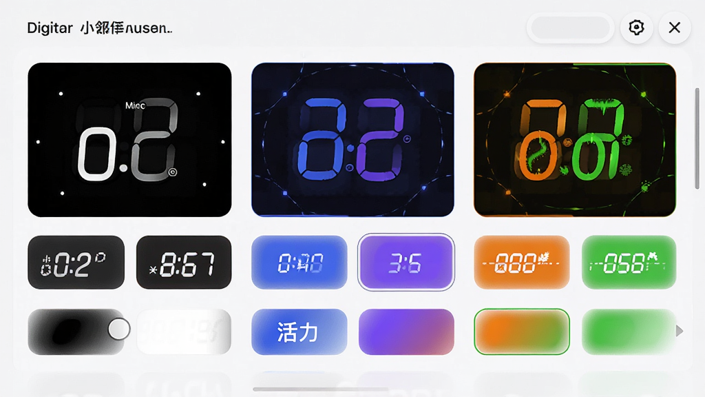 数字秒小部件个性化设置界面,展示多种数字字体和颜色主题选择,包括黑白极简、蓝紫科技、橙绿活力等风格,界面布局整齐,排版清晰,风格现代,细节丰富,画质高清干净