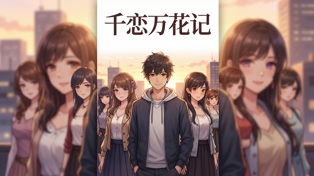 主体:一位身着现代都市便装的年轻男主角与多位风格各异的女性角色并肩站立,背景是黄昏时分的城市天际线,暖色光线洒落。布局:人物居中,前景留出空间,适合竖版海报构图。排版:画面中上部预留空白区域,可添加游戏名称“千恋万花记”艺术字。风格:日系唯美插画风,色彩柔和,光影层次丰富。细节:人物表情温柔,衣物质感精细,发丝清晰,背景建筑带有朦胧感。画质:高分辨率,干净,无多余元素。