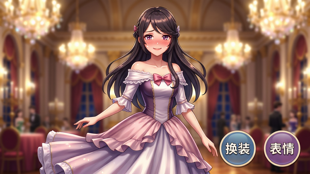主体:全屏展示一位女性角色的动态立绘,她正从害羞表情转为微笑,背景为华丽的宴会厅。布局:角色全身像居中,占画面约70%,背景为浅景深。排版:画面右下角悬浮着“换装”与“表情”两个圆形按钮。风格:Live2D动态捕捉效果示意,色彩华丽。细节:裙摆飘动,发丝轻盈,眼神高光明显,背景灯光璀璨。画质:超清,干净,无多余元素。
