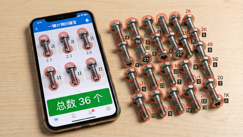 主体:桌面上整齐摆放数十个相同的金属螺栓,手机屏幕显示“一键计测扫描宝”计数界面,每个螺栓被红色圆圈标记并编号。布局:手机位于画面中央偏左,屏幕中的计数结果“总数 36 个”以绿色大字显示在底部。排版:编号数字清晰标注在每个螺栓旁。风格:简洁实用,背景为浅木色桌面。细节:螺栓金属质感真实,标记圈为红色半透明,画质清晰。画质:4K,干净无多余元素。