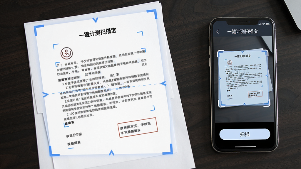 主体:一张A4纸合同放置在深色桌面上,手机屏幕显示“一键计测扫描宝”扫描预览,四角有定位框,底部有“扫描”按钮。布局:手机位于画面右侧,左侧为扫描出的电子文档效果图。排版:界面简洁,按钮文字清晰。风格:商务简约风,色调柔和。细节:纸张边缘被蓝色边框标记,扫描出的文字清晰可辨。画质:高清晰度,干净。