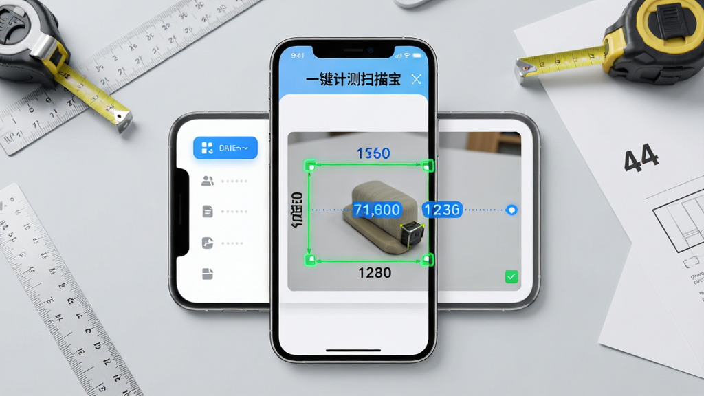 主体:智能手机屏幕显示“一键计测扫描宝”主界面,界面中有一个物体被绿色测量框选中并标注尺寸数字。布局:手机居中,屏幕内容清晰可见,背景为简洁的浅灰色工作台,周围散落尺子、卷尺、A4纸等工具。排版:手机屏幕上的UI元素排列整齐,左侧有功能图标列表,右侧为测量预览画面。风格:现代科技感,界面明亮,色彩清新。细节:屏幕上的文字“一键计测扫描宝”清晰可读,测量数字以蓝色高亮显示,整体干净无多余元素。画质:4K超清,渲染细腻,无噪点。