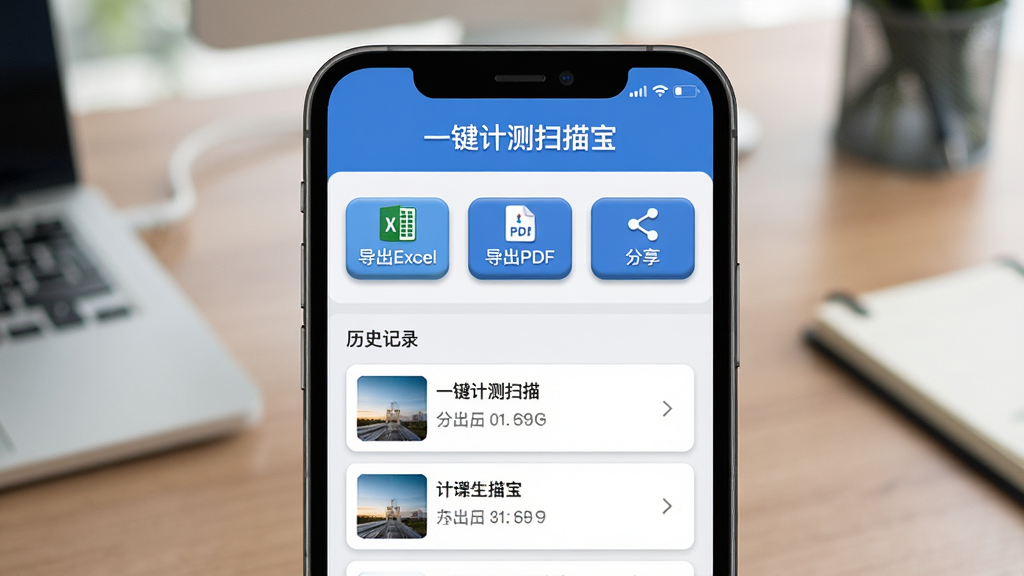 主体:手机屏幕显示“一键计测扫描宝”数据导出界面,有“导出Excel”“导出PDF”“分享”三个按钮,下方有历史记录列表。布局:手机居中,背景为办公桌。排版:按钮排列整齐,历史记录以卡片样式展示。风格:简约商务,蓝色主调。细节:按钮有立体感,记录卡片带缩略图。画质:干净,无多余元素。