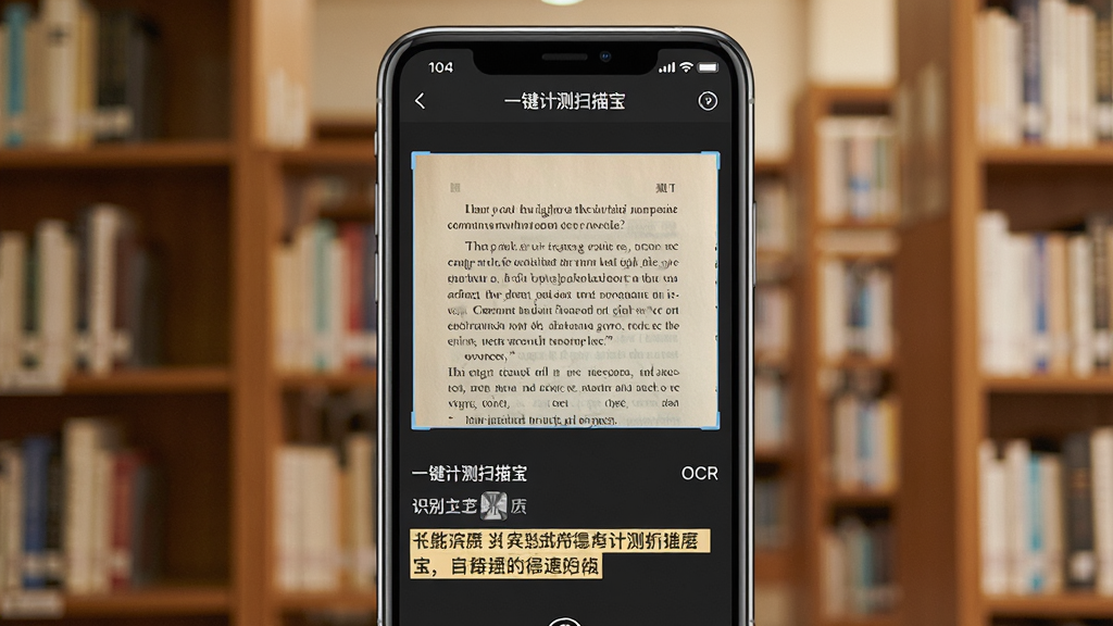 主体:手机屏幕上显示“一键计测扫描宝”OCR识别界面,一张带有英文文字的书籍页面被框选,下方显示识别出的中文翻译。布局:手机居中,背景为图书馆书架。排版:识别文字以段落形式排列,原文与译文上下对照。风格:学术感,色调温暖。细节:识别结果高亮显示,翻译准确。画质:清晰,无多余元素。
