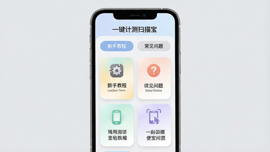 主体:手机屏幕显示“一键计测扫描宝”使用指南界面,有“新手教程”“常见问题”等选项。布局:手机居中,背景为浅灰色。排版:教程以卡片形式排列,每个卡片有图标和文字。风格:清新简洁。细节:卡片圆角设计,颜色柔和。画质:干净,无多余元素。