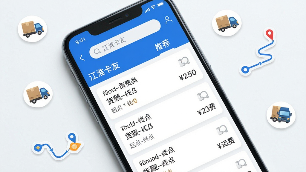 主体为一块平放的手机屏幕,展示“江淮卡友”App的“货源大厅”列表页面,屏幕上有多个货源卡片(起点-终点、货物类型、运费金额)。布局采用俯视角度,手机四周散落着几张小型的货物图标与路线轨迹线。排版清晰,列表项之间有明显分隔,顶部搜索栏与“推荐”标签突出。风格简洁商务,色彩以蓝白为主,细节真实,画质干净、无多余元素。