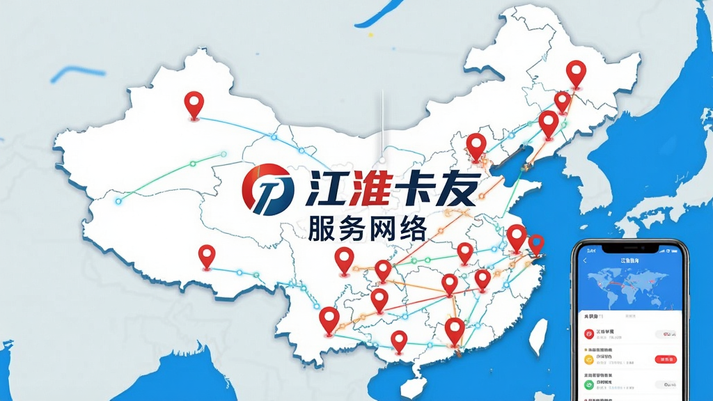 主体为一张中国地图的抽象轮廓,上面分布着多个红色定位图标,代表江淮服务站网点,地图中央悬浮着“江淮卡友”Logo与“服务网络”字样。布局为全幅地图背景,右下角插入手机端App服务页面截图。排版将网点用线条连接成网,突出覆盖范围广。风格简约、信息可视化,色彩明亮,细节清晰,画质干净、无多余元素。