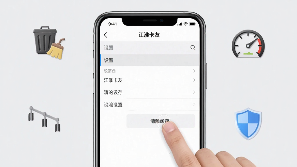 主体为一张手机截图演示“江淮卡友”App的设置页面,屏幕上显示“清除缓存”按钮被手指点击。布局以手机为中心,背景为浅灰色,周围放置几个小图标(如垃圾清理、速度计、盾牌)。排版突出“设置”菜单项,风格简洁实用,细节清晰,画质干净、无多余元素。