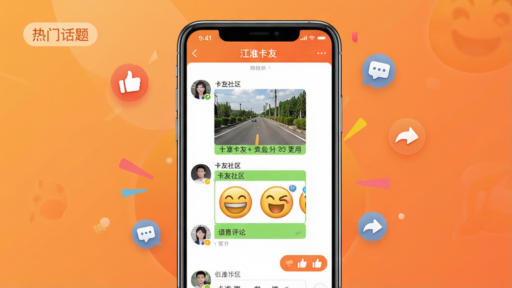 主体为手机屏幕展示“江淮卡友”App的“卡友社区”聊天界面,屏幕上有多个用户头像与对话气泡,内容包含路况照片、表情包、点赞按钮。布局采用手机居中,背景为温馨的橙色渐变,周围悬浮着点赞、评论、分享的小图标。排版突出互动性,顶部显示“热门话题”标签。风格活泼、社交化,细节生动,画质干净、无多余元素。
