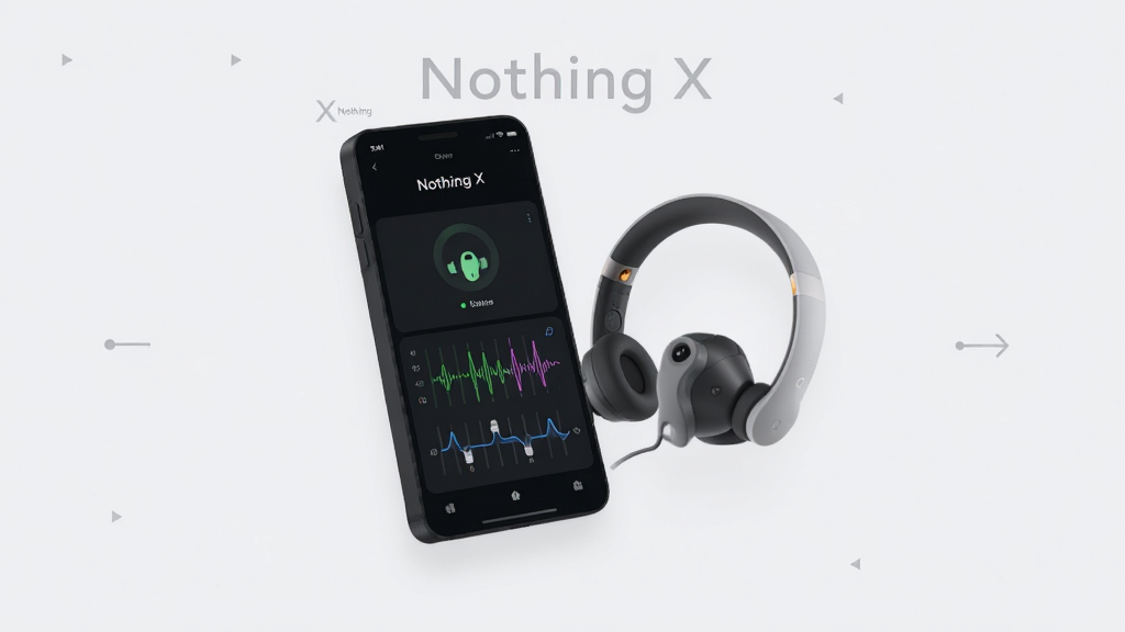 一张现代简约风格的宣传海报,主体是 Nothing X 应用界面悬浮在 Nothing 耳机旁边,背景为浅灰色干净背景,界面显示耳机连接状态和均衡器调节面板,文字标签“Nothing X”清晰可见,整体布局居中,排版留白充足,风格采用极简扁平化设计,细节包括耳机轮廓和波形线条,画质高清,画面干净无多余元素