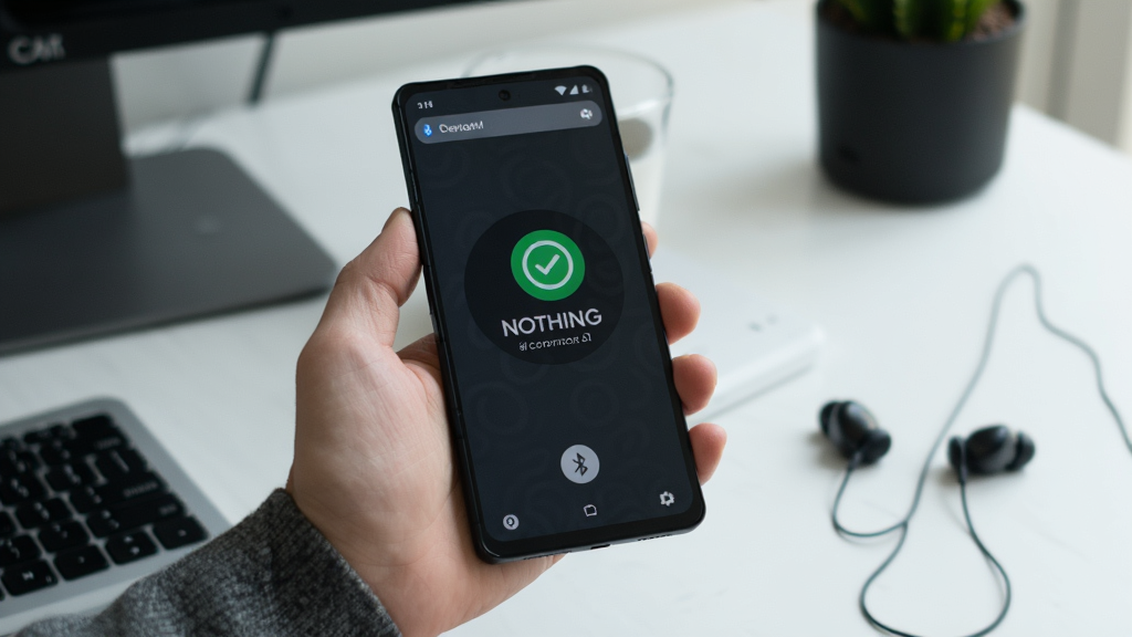 一张展示 Nothing X 使用场景的图片,主体是用户手持手机和耳机,屏幕显示连接成功界面,背景为桌面环境,构图采用侧面视角,风格自然生活化,细节包括手机通知栏的蓝牙图标,画质清晰,干净无多余元素