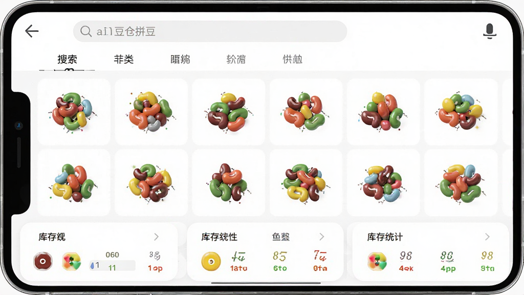 一张手机界面截图,展示ai豆仓拼豆软件主页面,上方有搜索栏和分类标签,中间为拼豆图纸缩略图网格,下方为库存统计卡片,整体风格简洁明亮,白色背景搭配彩色豆子元素,排版整齐,细节清晰,画质干净,无多余元素