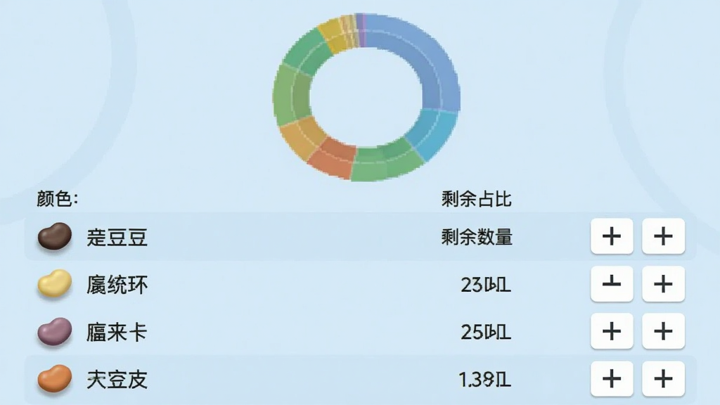 一张ai豆仓拼豆库存统计界面截图,背景为浅蓝色,上方显示环形图展示各颜色占比,下方为颜色列表,每行有豆子色块、名称、剩余数量,最右侧有加减按钮,整体风格清新,排版整齐,细节清晰,画质干净,无多余元素