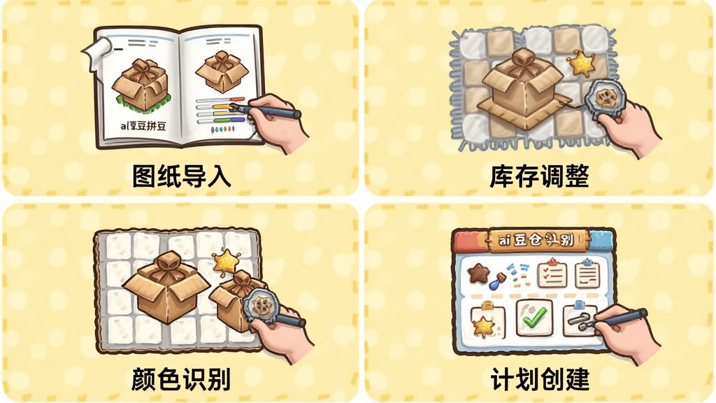 一张ai豆仓拼豆使用教程示意图,画面分为四个小图,分别展示图纸导入、库存调整、颜色识别、计划创建步骤,每张小图下方有简短文字说明,整体风格卡通化,背景为浅黄色,布局清晰,细节丰富,画质干净,无多余元素