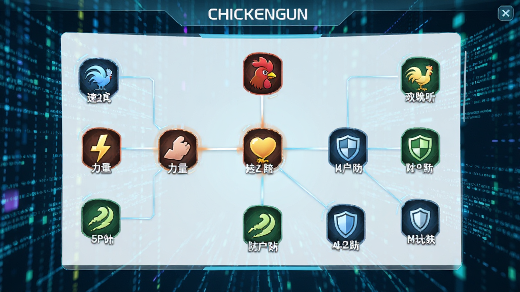 ChickenGun角色养成界面预览图,画面展示一只公鸡角色的技能树面板,周围有代表不同属性的图标,如速度、力量、防御等,界面设计简洁美观,背景是科技感的数据流,整体风格明亮清晰,画质细腻,干净无多余元素