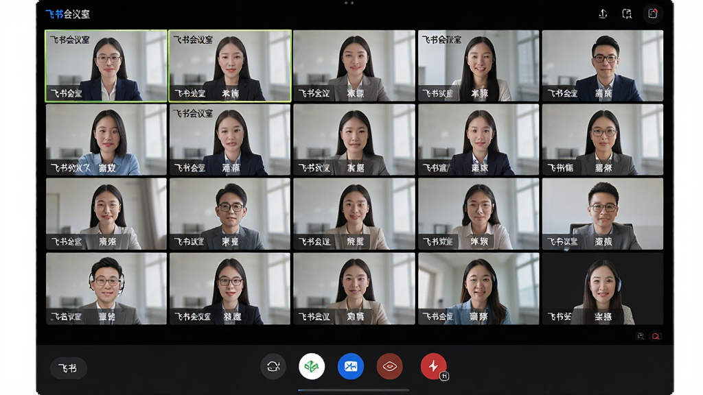 主体:飞书会议室高清视频通话场景,多人视频格子布局,画面清晰。布局:屏幕中央为会议视频墙,下方为控制栏。排版:视频格子均匀排列,每个格子显示参会者头像与姓名。风格:写实风格,光线明亮,色彩自然。细节:视频画面中显示“飞书会议室”水印,画质细腻。画质:高清,干净无多余元素。
