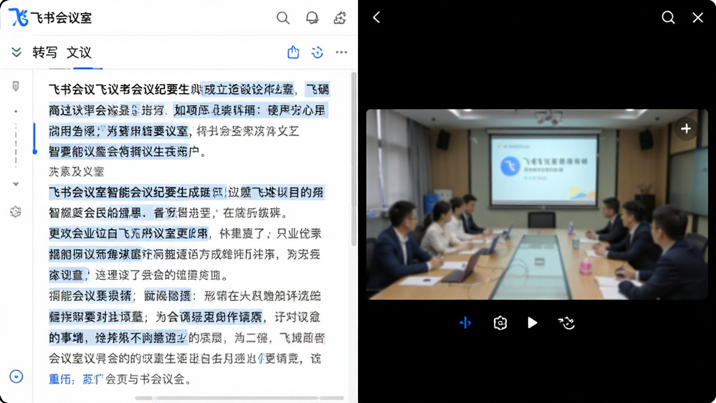 主体:飞书会议室智能会议纪要生成界面,左侧为转写文本,右侧为录制视频。布局:左右分栏,文本内容清晰可滚动。排版:文本段落规整,重点语句高亮显示。风格:现代简洁风格,白色背景,蓝色点缀。细节:界面中显示“飞书会议室”字样,转写文字准确。画质:高清,干净无多余元素。