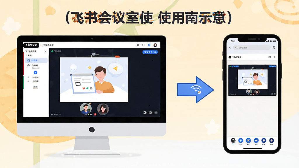 主体:飞书会议室使用指南示意图,展示电脑端与手机端同时登录会议。布局:左侧为电脑屏幕显示会议画面,右侧为手机竖屏显示同一会议。排版:两者之间用箭头连接,示意同步。风格:扁平化插画风格,色彩明亮。细节:电脑屏幕和手机屏幕中均显示“飞书会议室”界面。画质:高清,干净无多余元素。