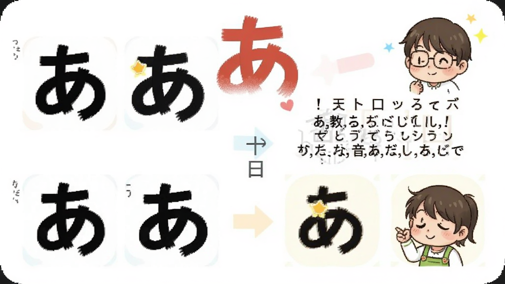 日语五十音速成一日通趣味联想记忆界面,展示假名“あ”的变形图片和联想口诀,配以卡通插图,色彩活泼,背景白色,文字“あ”,画面干净,高画质