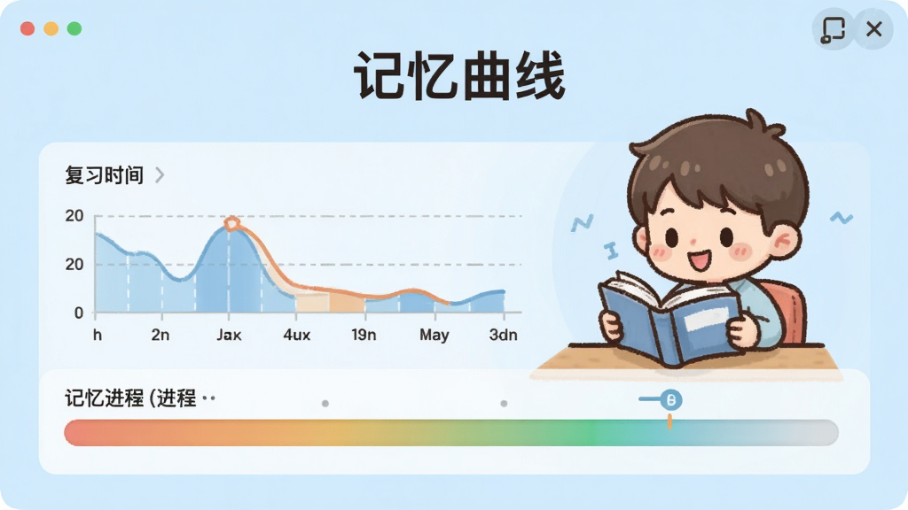 日语五十音速成一日通智能记忆曲线功能界面,显示复习时间轴和记忆进度条,图表风格简洁,背景浅蓝色,有卡通人物在学习的插图,文字“记忆曲线”,画面干净,高画质