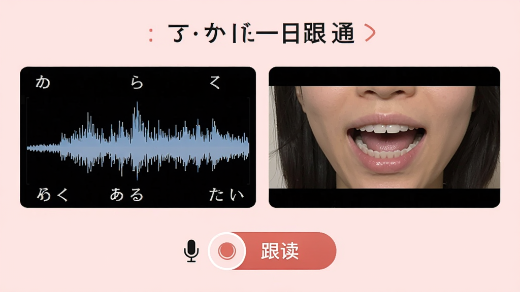 日语五十音速成一日通真人发音跟读界面,显示假名发音波形图和口型示范视频,背景淡粉色,有麦克风图标和录音按钮,文字“跟读”,画面干净,高画质