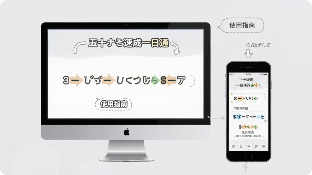 日语五十音速成一日通使用指南界面,展示电脑端和手机端操作示意图,背景浅灰色,有步骤箭头和标注文字“使用指南”,画面干净,高画质