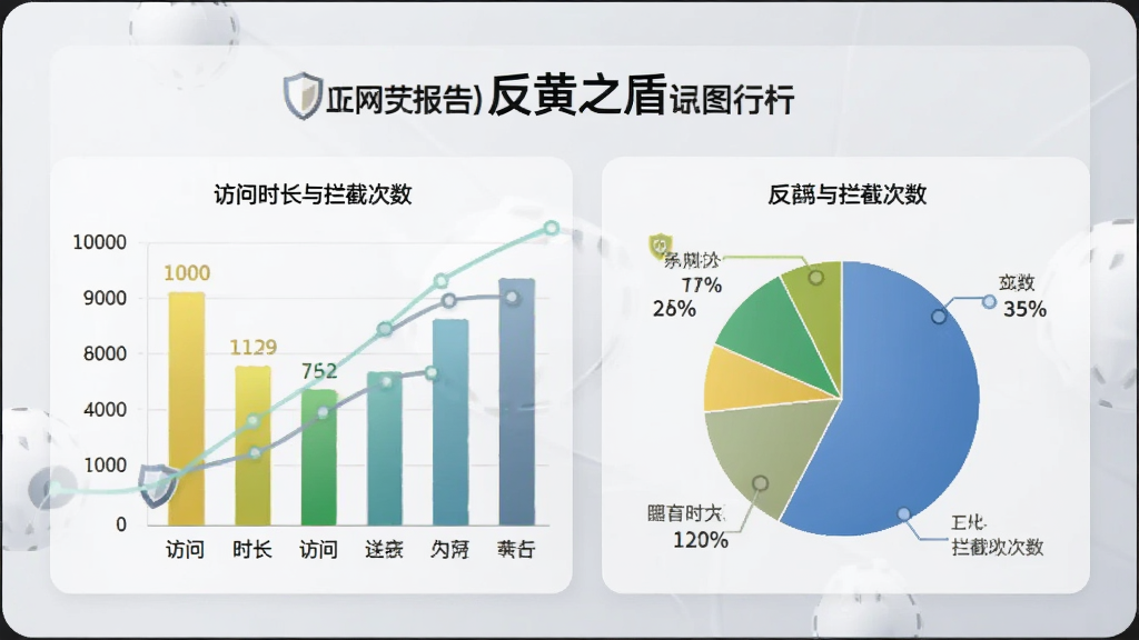 画面主体为“反黄之盾”上网行为报告图表,包含柱状图和饼图,展示访问时长与拦截次数,背景为浅灰色面板,布局居中,风格商务简约,细节清晰,画质干净