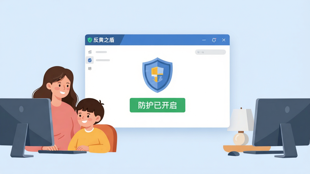 画面主体为“反黄之盾”软件主界面悬浮在干净浅蓝色背景中央,界面显示盾牌图标与“防护已开启”绿色字样,周围有家长与孩子微笑使用电脑的温馨场景,布局居中,风格扁平化,细节清晰,画质高清,干净无多余元素