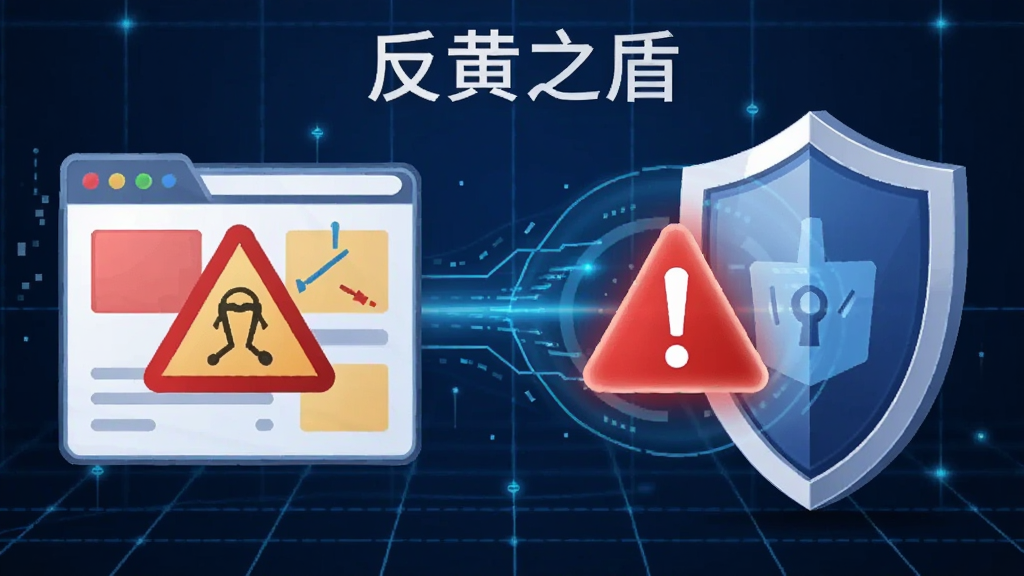 画面主体为“反黄之盾”智能拦截过程示意图,左侧是危险网页图标,右侧是盾牌抵挡红色警告标志,背景为科技感蓝色网格,布局左右对称,风格现代,细节清晰,画质干净