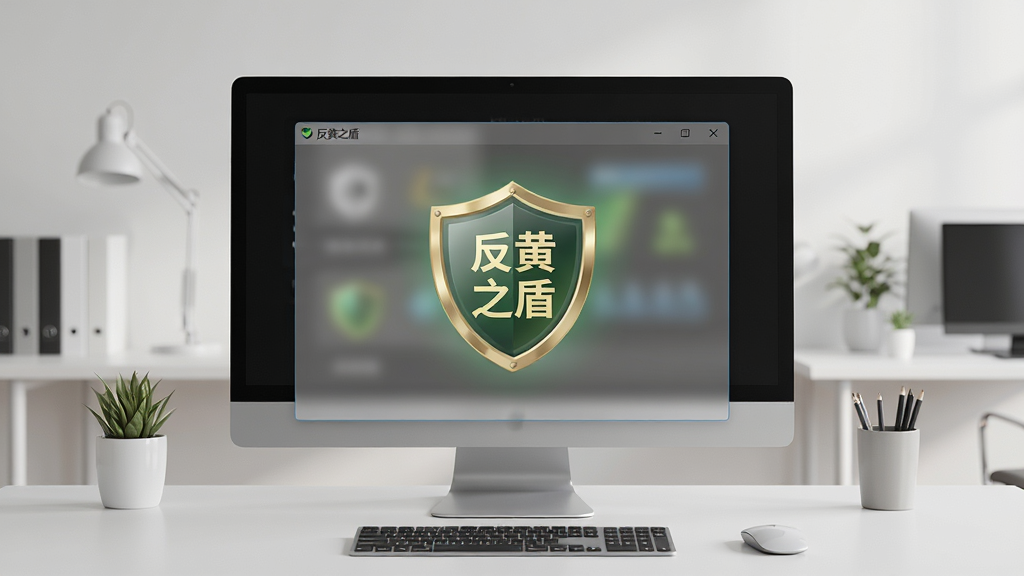 画面主体为“反黄之盾”在电脑桌面运行的截图,桌面整洁,软件窗口半透明显示防护状态,背景为简约办公环境,布局居中,风格写实,画质高清,干净无多余元素