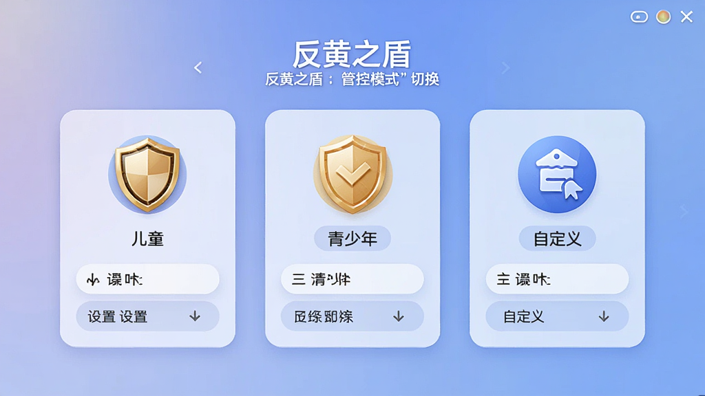 画面主体为“反黄之盾”管控模式切换界面,展示三种模式图标(儿童、青少年、自定义),每个图标下方有对应设置选项,背景为柔和渐变,布局三列并排,风格简洁,细节清晰,画质干净