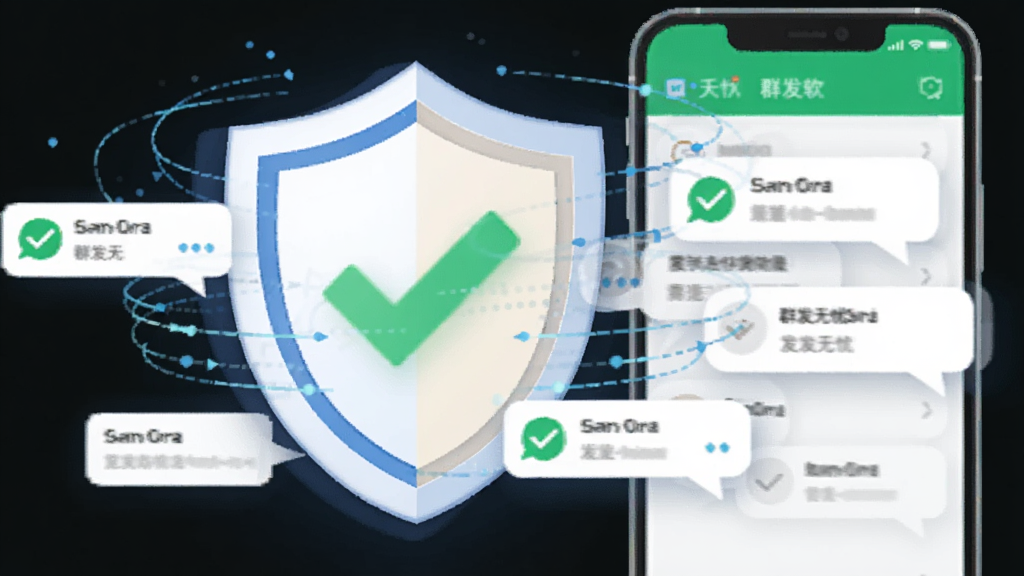 画面主体为盾牌图标与群发无忧软件界面结合,盾牌中央有绿色对勾,周围环绕发送成功的消息气泡,布局为左右结构,左侧盾牌右侧手机界面,风格科技感插画,细节有数据流线条连接,画质干净,无多余元素