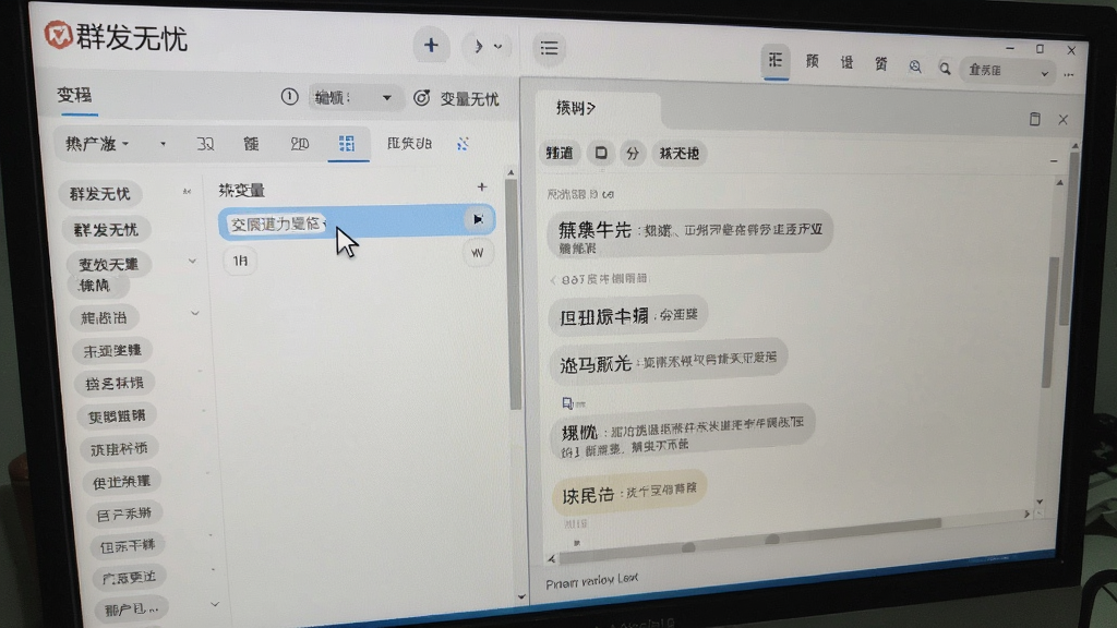 画面主体为电脑屏幕显示群发无忧内容编辑界面,左侧有变量标签列表,右侧预览窗口展示带不同姓名的消息,布局为左右分栏,风格写实截图风格,细节有光标点击变量插入,画质清晰,无多余元素