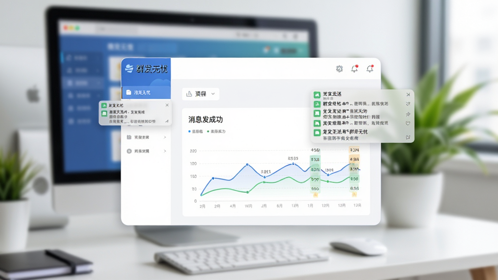 画面主体为群发无忧软件主界面悬浮在现代化办公桌上,界面清晰显示“群发无忧”字样及消息发送成功的数据图表,背景为模糊的电脑屏幕和绿色植物,布局采用中心构图,界面UI扁平化设计,风格简洁明亮,细节包含手机通知栏弹出多条已发送提示,画质高清干净,无多余元素