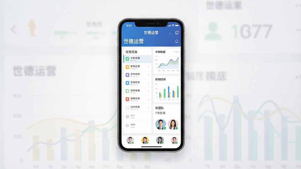 一幅现代商务风格的软件主界面展示图,画面中央是一部智能手机,屏幕中清晰显示“世德运营”应用的主面板,包含任务列表、数据图表和团队头像等元素,背景为干净的浅灰色渐变,整体布局简洁大气,突出专业与高效感,画质清晰干净,无多余元素