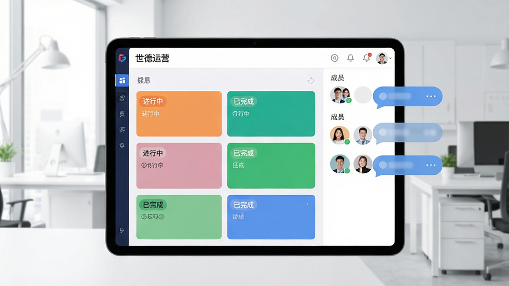 一张展示任务协作功能的界面截图,画面中平板电脑上显示“世德运营”的任务看板,多个彩色任务卡片排列有序,卡片上标有“进行中”、“已完成”等标签,右侧有成员头像和评论气泡,背景为明亮的办公环境,风格干净现代,画质清晰,无多余元素