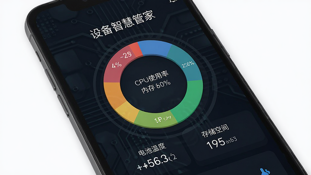 手机屏幕展示“设备智慧管家”的监测界面,中央显示彩色环形图表,分别标注CPU使用率、内存占用、存储空间和电池温度,图表下方有实时数据数字,背景为深色科技纹理,布局居中,排版整齐,风格为扁平化设计,细节清晰,画质干净无多余元素