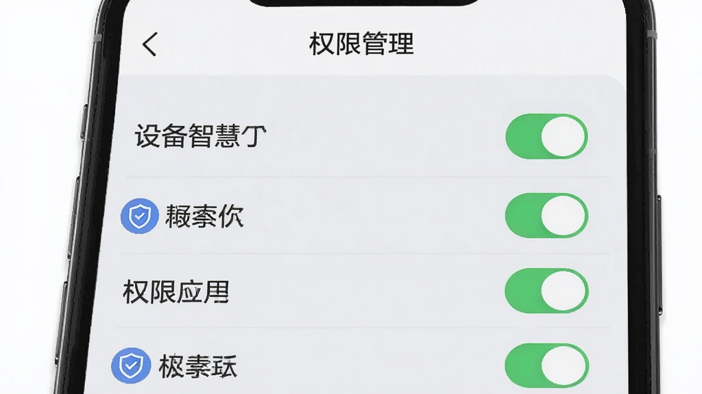 手机界面展示“设备智慧管家”的权限管理列表,顶部有“权限管理”标题,下方为各个应用名称及其权限开关,背景为浅灰色,布局列表式,排版清晰,风格简约,细节包含绿色开关图标,画质干净无多余元素
