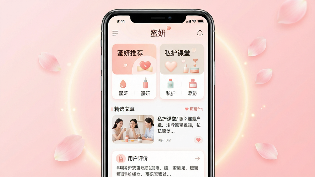 主体:蜜妍应用界面展示,一部智能手机屏幕显示蜜妍主页面,包含产品分类、精选文章和用户评价区块。布局:手机居中,屏幕内容清晰可辨,背景为淡粉色渐变,周围点缀柔和的光晕和花瓣。排版:屏幕内信息卡片式排列,文字标签如“蜜妍推荐”、“私护课堂”清晰可见。风格:现代扁平化结合微拟物,色彩柔和温馨,细节丰富。画质:4K高清,干净,无多余元素。