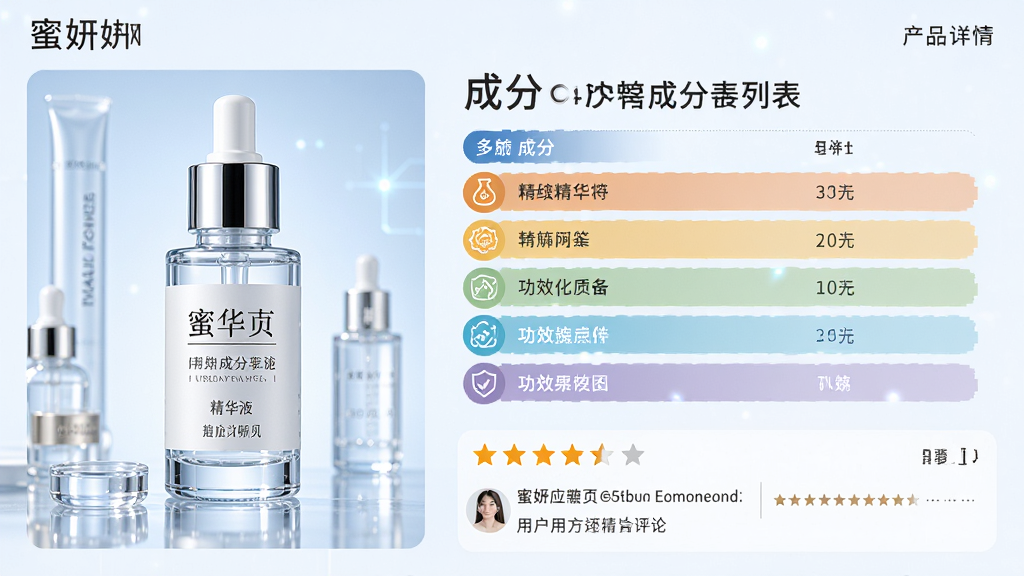 主体:蜜妍应用内的产品详情页,展示一款精华液的成分列表和功效说明。布局:左侧为产品实拍图,右侧为文字解析,下方有用户评分和评论区域。排版:信息层级分明,成分表用不同颜色高亮,配以图标。风格:干净的专业护肤风格,背景为浅蓝色,突出科技感。画质:超清,细节丰富,干净无多余元素。
