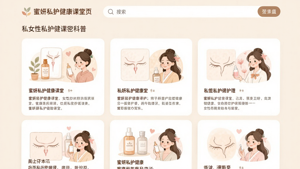 主体:蜜妍私护健康课堂页面,显示关于女性私密护理的科普文章列表,配有温和的插画。布局:页面顶部为搜索栏,下方为卡片式文章列表,每张卡片有标题和摘要。排版:图文结合,插画风格温馨,色彩柔和。风格:温暖、专业、可信赖,背景为浅米色。画质:清晰,干净,无多余元素。