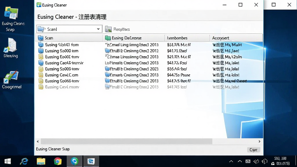 一张展示Eusing Cleaner在Windows 10系统上运行,正在进行注册表清理的截图,界面显示扫描出的注册表错误列表,背景为Windows桌面,风格写实,画质清晰,干净无多余元素,窗口标题显示